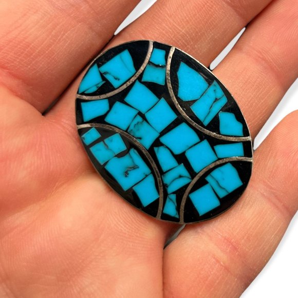 Vintage Oval Mexico 925 Silver C11 Turquoise Inlaid Brooch Pin, Southwestern Sty - Picture 2 of 4